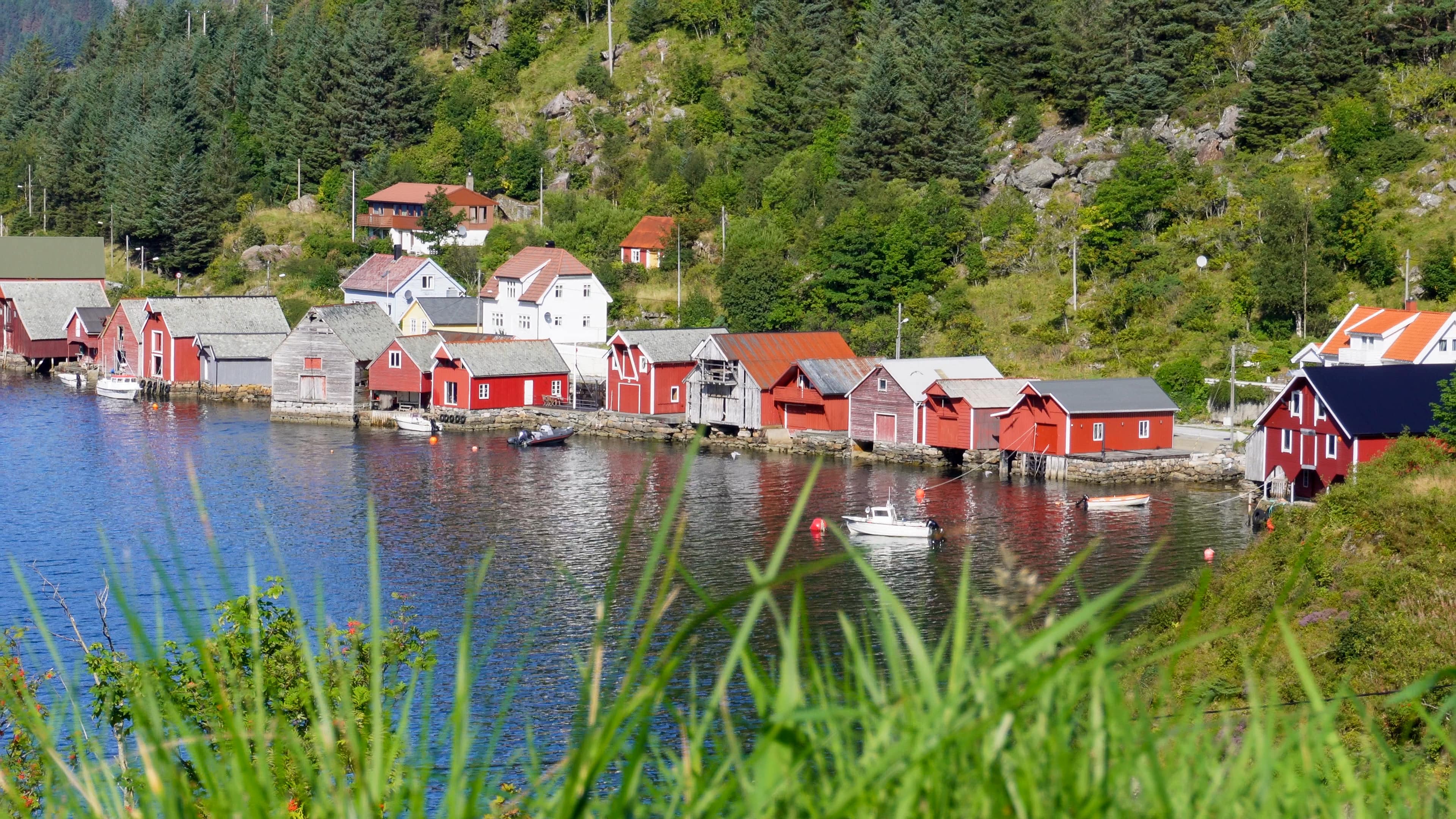 A row of traditional red and white boathouses by the calm waters of Torskangerpollen in Måløy, Vågsøy, surrounded by green hills.